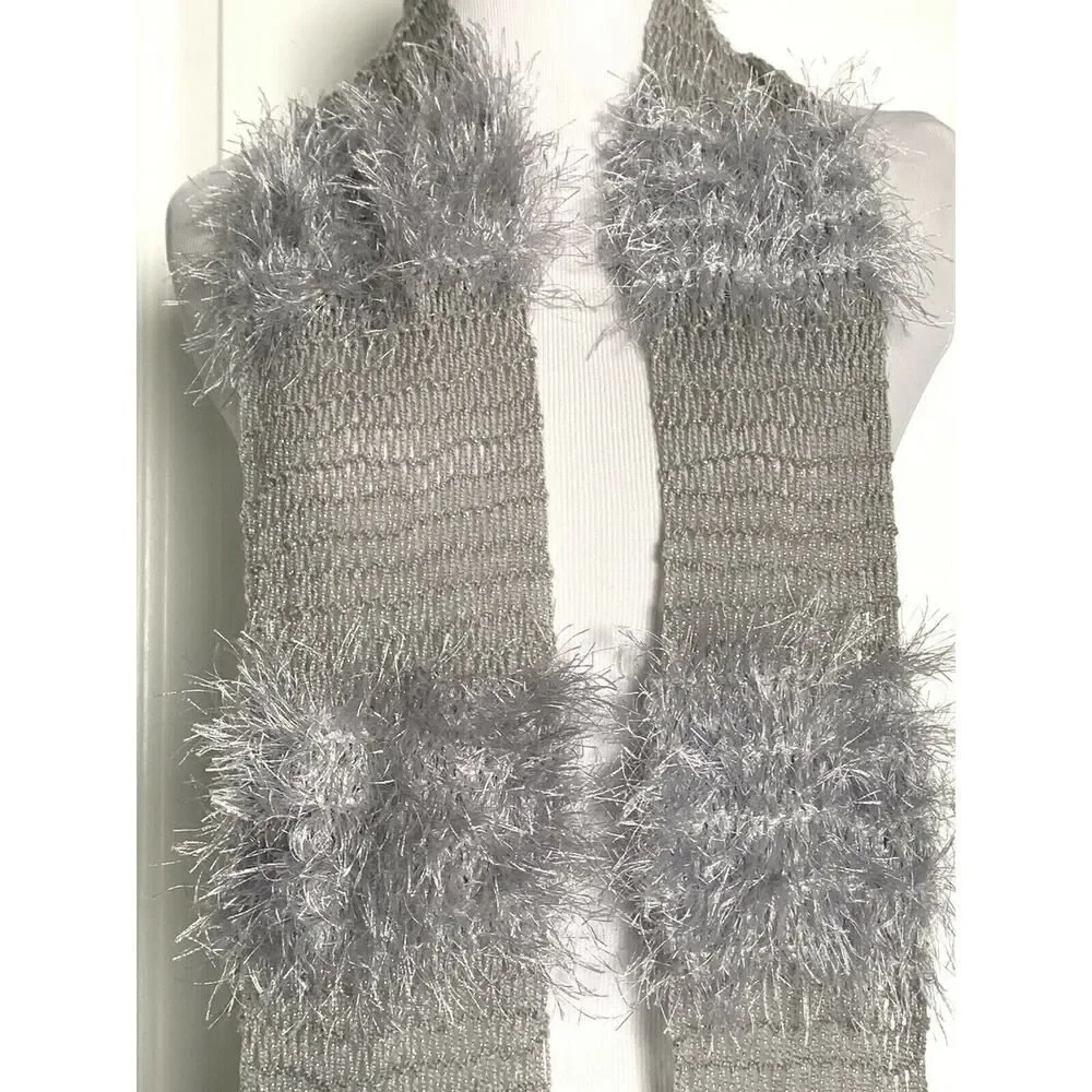 Handmade Homemade Knit Crochet Scarf Neck Wrap Gift Gray Silver Fringe NEW